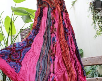 Floral Print Thai Soft Dyed Cotton Patchwork Boho Skirt - elastic waist BK1610-05