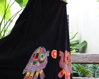 Black Cotton Skirt with Stitched Cotton Elephants MLE1610-04