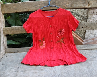 M-L Short Sleeves Bohemian Embroidered Top - Red