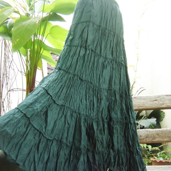 ARIEL ON EARTH - Boho Gypsy Long Tiered Ruffle Cotton Skirt - Forest Green