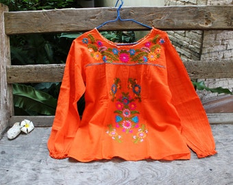 M-L Long Sleeves Bohemian Embroidered Top - Orange