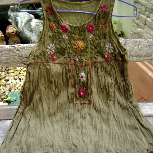 Sleeveless Bohemian Embroidered Top in Dark Olive