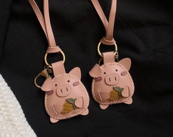 Cute Handmade Piggy Bag Charm with Tiny Cherry, Pineapple, Coffee & Boba Charm, Holding Boba Pig Keychain, Leather Pig Charm, Gift for Her