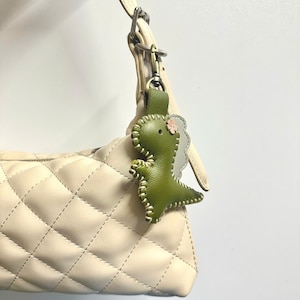Green Dinosaur Bag Charm: Hand-Stitched PU Leather Dino Keychain