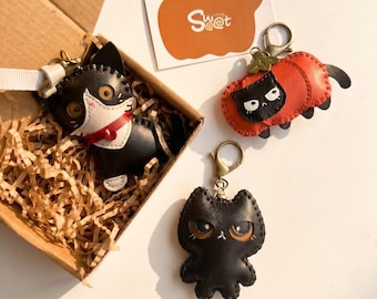 Black Cat Leather Keychain Set, Handmade Cat Keychains, Cat Accessories, Gift for Cat Lovers, Bag Charm, Animal Keychain, Cat Bag Charm