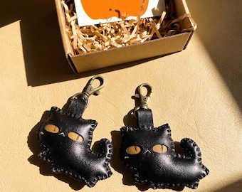 Grumpy Cat Keychain, Cat Purse Charm, Cute Black Cat Keychain, Handmade Leather Kitty Charm, Gift for Cat Lovers, Cat Bag Charm