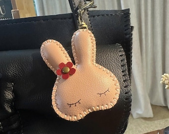 Cute Bunny Leather Keychain – Handmade Rabbit Bag Charm, Gift for Her, Kawaii Bunny Accessory, Handmade Leather Bag Charm