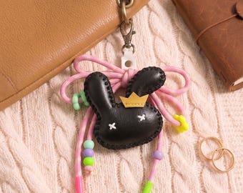 Black Bunny Handbag Charm, Handmade Rabbit Bag Charm with Crown, Gift for Her, Animal Keychain, Leather Bag Charm, Accessory Gift