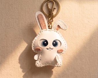 Adorable Rabbit Leather Charm, Cute Animal Purse Accessory, White Bunny Keychain – Handmade Leather Bag Charm