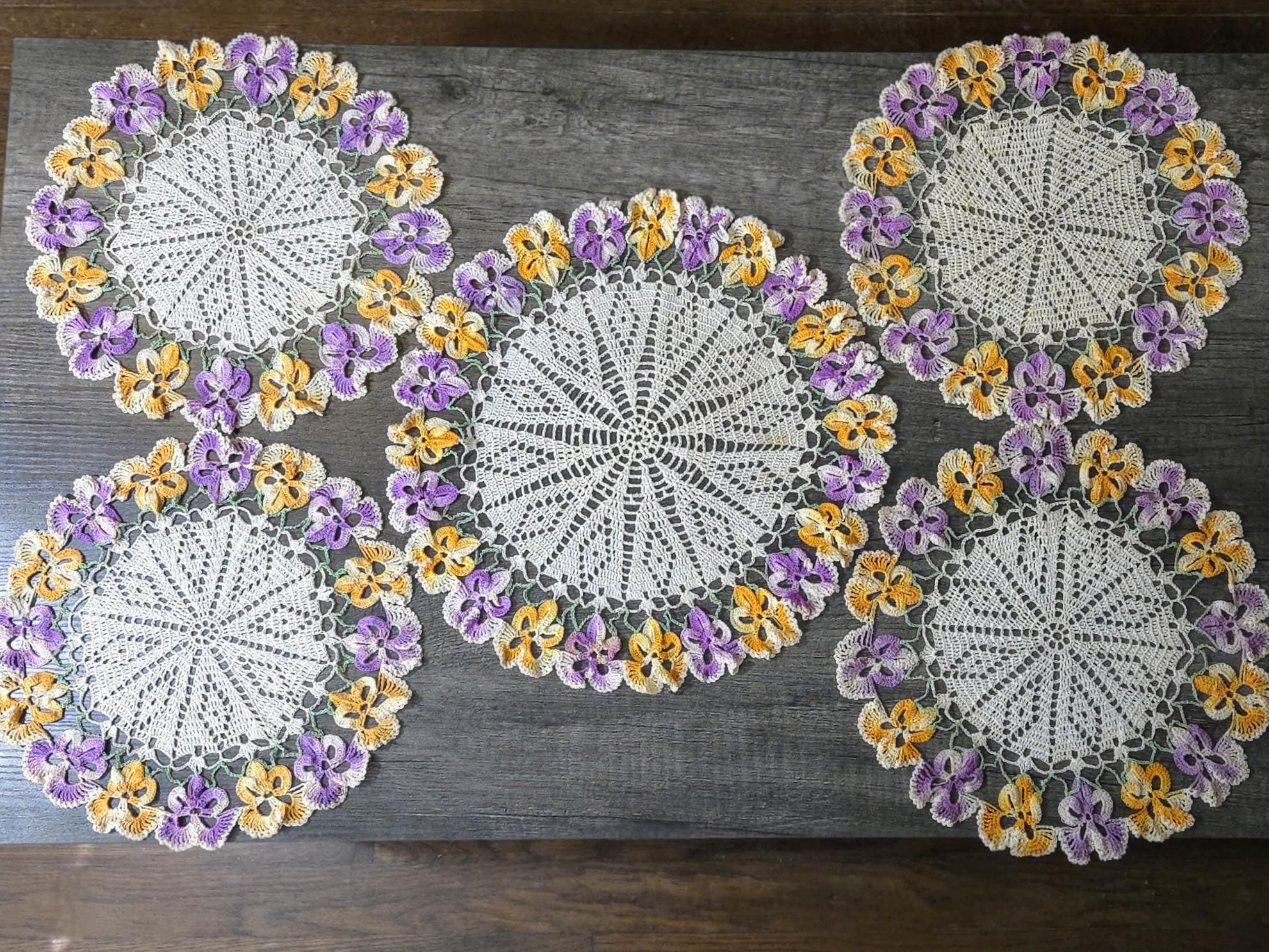 38 Pansy Crochet Patterns for Flowers, Decor, and Wearable Details 37 Set of 5 Matching Vintage Handmade Crochet Pansy Doilies