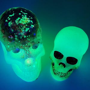 Set of 2 glow in the dark resin skulls with rechargeable uv light