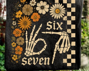 Retro Floral Six Seven Meme Png, Funny Checkered Skeleton Hands Png, Trendy 6 7 meme Design, Funny Skeleton Hands Png Bones Design
