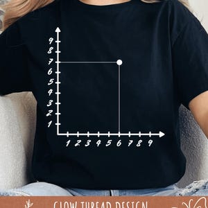Peut inclure: T-shirt noir avec un graphique blanc. Le graphique représente un plan cartésien avec des axes numérotés de 1 à 9. Le texte "GLOW THREAD DESIGN" est imprimé en bas.