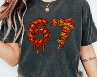 67 Six Seven 6 7 Food Barbecue BBQ Meme - Brainrot Meme Kitchen Png Design Trendy Grill Sausages 6-7 Meme PNG Design Gift Trendy Meme Design