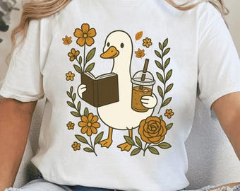 Cute Goose Floral Sublimation PNG Fall Book Lover Design Iced Coffee and Reading Mom Sister Shirt Print Spooky Cozy Season Coffee Weather
