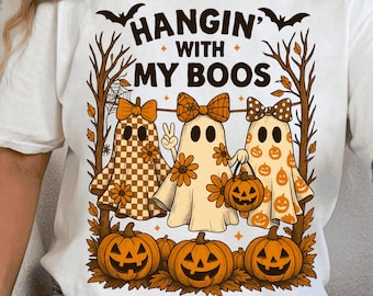 Funny Hanging Coquette Ghost Halloween PNG Hangin’ With My Boos Cute Design Pumpkin  Bucket Bat Halloween Girly Ghost Lacey Spooky Season