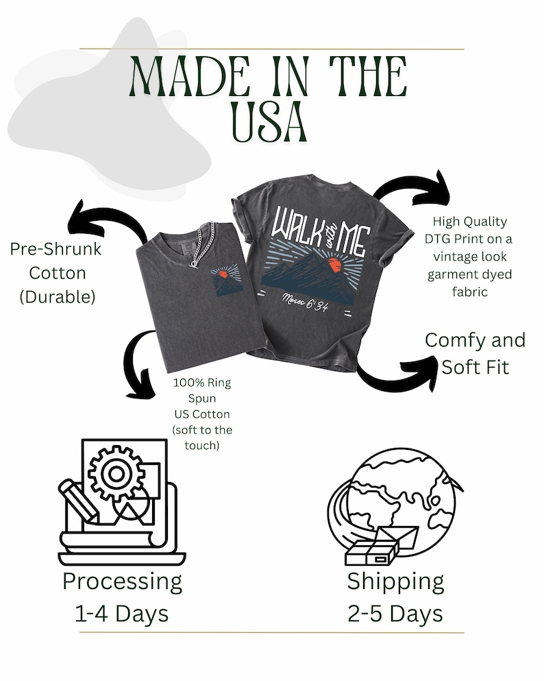 May include: Two charcoal gray t-shirts with the text "WALK with ME" and a mountain graphic. The shirts are made of pre-shrunk, 100% ring-spun US cotton. The image also includes text that says "Made in the USA".