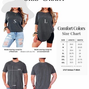 May include: Size chart for a unisex t-shirt, with measurements in inches. The chart includes sizes S to 4XL, with length and width dimensions. The image also shows models wearing the t-shirt in different sizes for a fitted or oversized look.