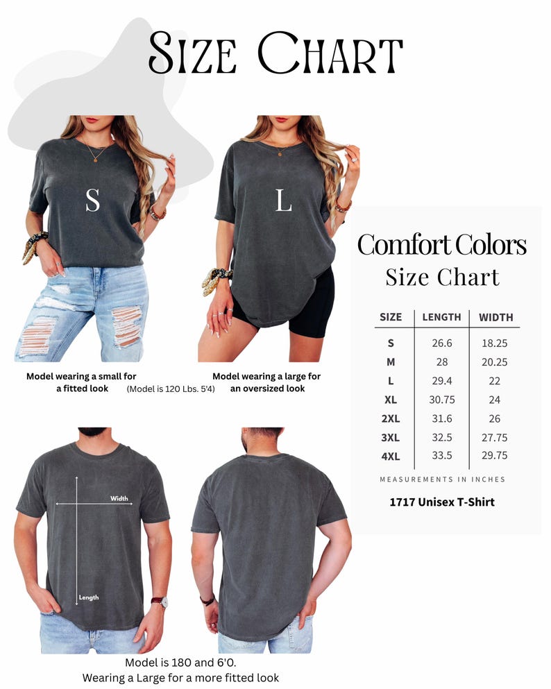 May include: Size chart for a unisex t-shirt, with measurements in inches. The chart includes sizes S to 4XL, with length and width dimensions. The image also shows models wearing the t-shirt in different sizes for a fitted or oversized look.