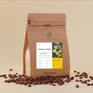 May include: A brown paper bag of "Morning Spring" Arabica coffee, with a floral and orange slice illustration. The bag has a zipper closure and contains 340g of coffee beans. Coffee beans are scattered around the base of the bag.