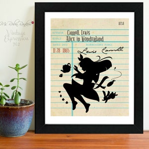 Alice in Wonderland, Lewis Carroll, Vintage Library Card Art, Book Art, Silhouette Print