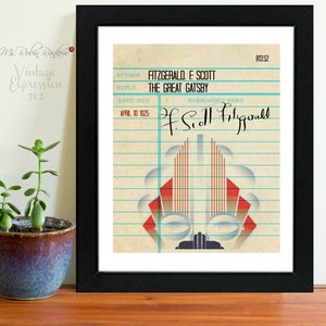 F. Scott Fitzgerald, The Great Gatsby, Vintage Library Card Art, Book Art, Silhouette Print