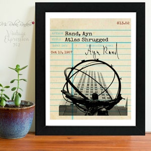 Ayn Rand, Atlas Shrugged, Vintage Library Card Art, Book Art, Silhouette Print