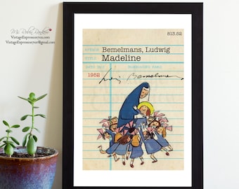 Ludwig Bemelmans, Madeline, Vintage Library Card Art, Book Art, Print
