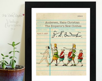 Hans Christian Andersen, The Emperor's New Clothes, Vintage Library Card Art, Book Art, Print