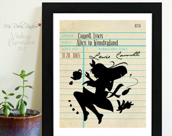 Alice in Wonderland, Lewis Carroll, Vintage Library Card Art, Book Art, Silhouette Print