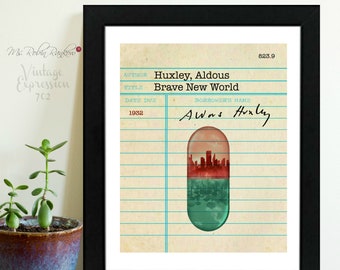 Alders Huxley, Brave New World, Vintage Library Card Art, Book Art, Print
