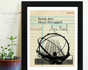 Ayn Rand, Atlas Shrugged, Vintage Library Card Art, Book Art, Silhouette Print