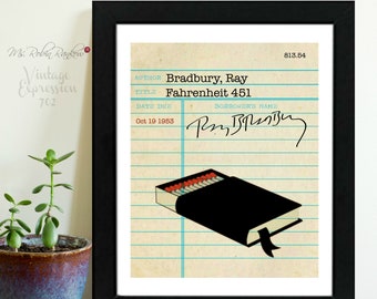 Ray Bradbury, Fahrenheit 451, Vintage Library Card Art, Book Art, Silhouette Print