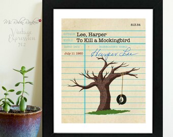 Harper Lee, To Kill a Mockingbird, Vintage Library Card Art, Book Art, Silhouette Print