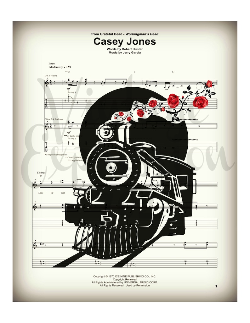 Grateful Dead Casey Jones on Lyric Song Music Sheet Print Etsy