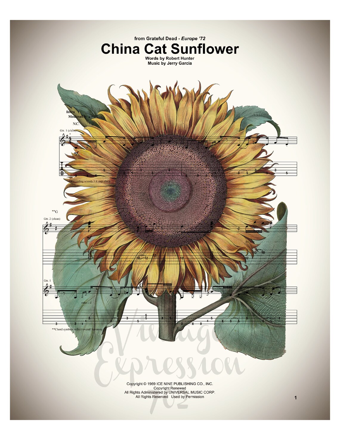 Grateful Dead China Cat Sunflower on Lyric Song Music Sheet Etsy