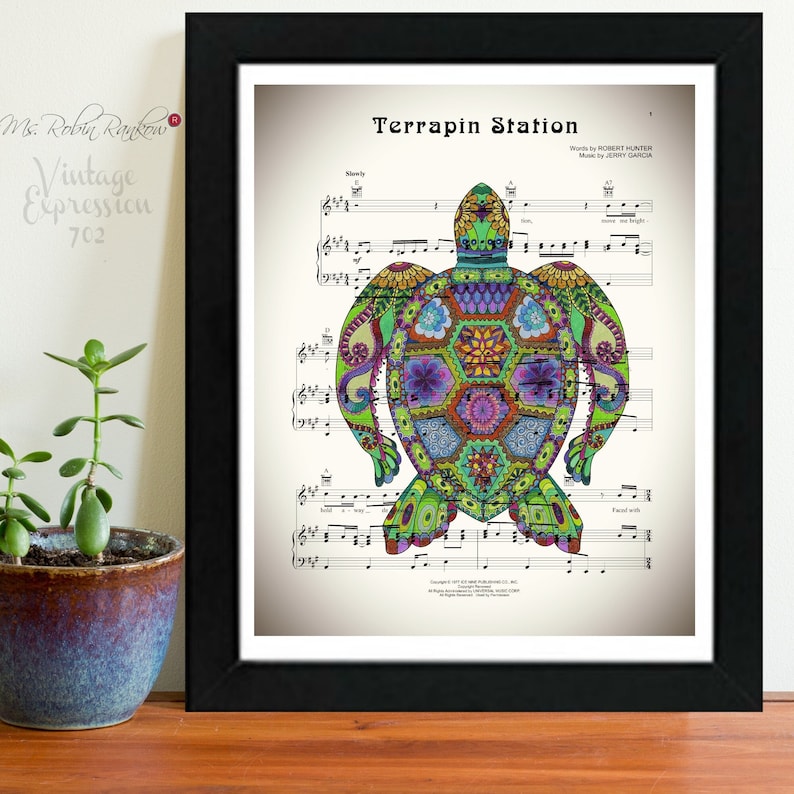 May include: A colorful, patterned turtle illustration on a sheet of music with the title "Terrapin Station" and the words "Words by ROBERT HUNTER Music by JERRY GARCIA".