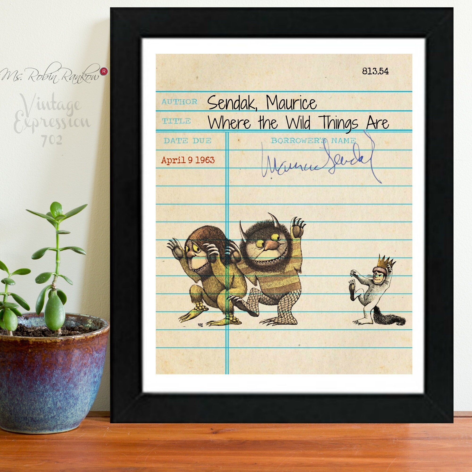 Maurice Sendak, Where the Wild Things Are, Vintage Library Card Art, Book Art, Print