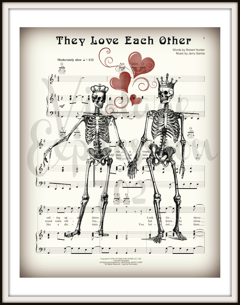 Grateful Dead, They Love Each Other, Wedding Gift, Anniversary Gift, Bridal Shower Gift, Valentines Day, Music Sheet, Print image 4