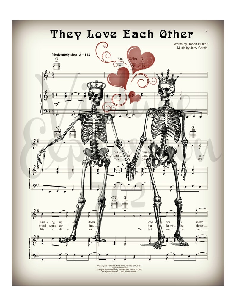 Grateful Dead, They Love Each Other, Wedding Gift, Anniversary Gift, Bridal Shower Gift, Valentines Day, Music Sheet, Print image 5
