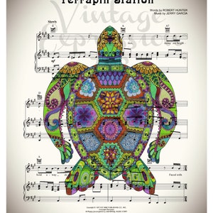 May include: A colorful, psychedelic turtle illustration with a sheet music background. The music is for the song "Terrapin Station" by the Grateful Dead. The sheet music includes the lyrics "Slowly", "hold a way", "move me bright", and "Faced with".