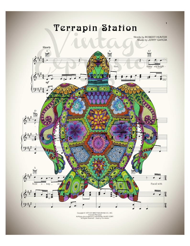 May include: A colorful, psychedelic turtle illustration with a sheet music background. The music is for the song "Terrapin Station" by the Grateful Dead. The sheet music includes the lyrics "Slowly", "hold a way", "move me bright", and "Faced with".