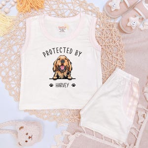 Custom Dog Name Toddler Shirt, Protected by My Dog Baby Tank, Golden Retriever Baby Outfit, Pet Lover Baby Shower Gift,Cute Dog Baby Clothes