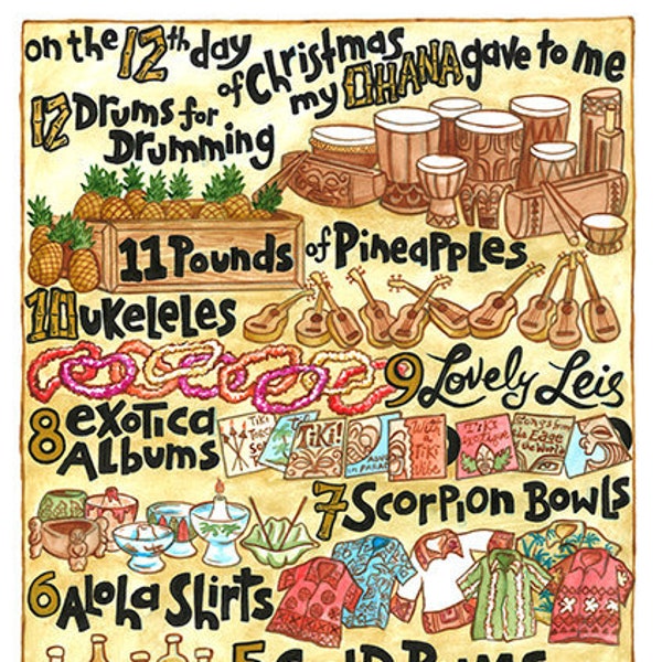 12 Tiki Days of Christmas 11x17 print - Tiki Mug- Exotica- Ukulele & more!