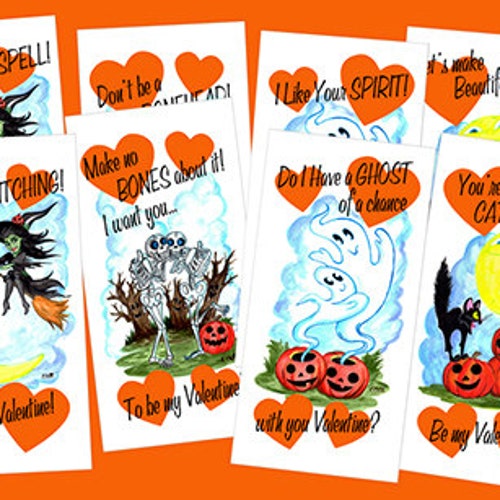 Set of 12 Vintage-Inspired Halloween Valentine cards