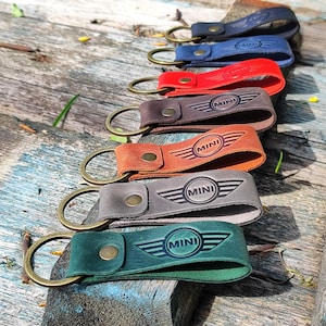 Personalized Leather Mini Cooper Keychain: Hot Stamped Initial Key Fob