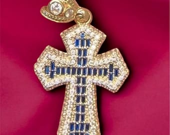 10k Gold 3D Fancy Cross Anhänger (4,5 cm) // Blaue Saphire