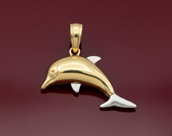 14k zweifarbiges Gold Massiver 3-D Delfin Anhänger