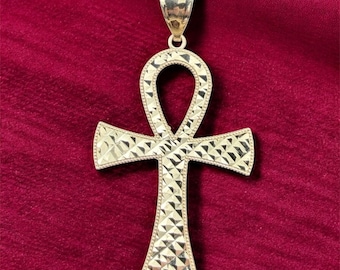 14k Gold Diamond-cut Ankh Pendant (approx. 2.5”) // Egyptian Jewelry