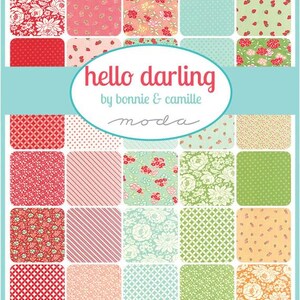May include: A fabric sample collection titled hello darling by bonnie & camille for moda, featuring a grid of twenty-five square swatches with various floral, strawberry, striped, and geometric patterns in shades of red, pink, green, and orange.